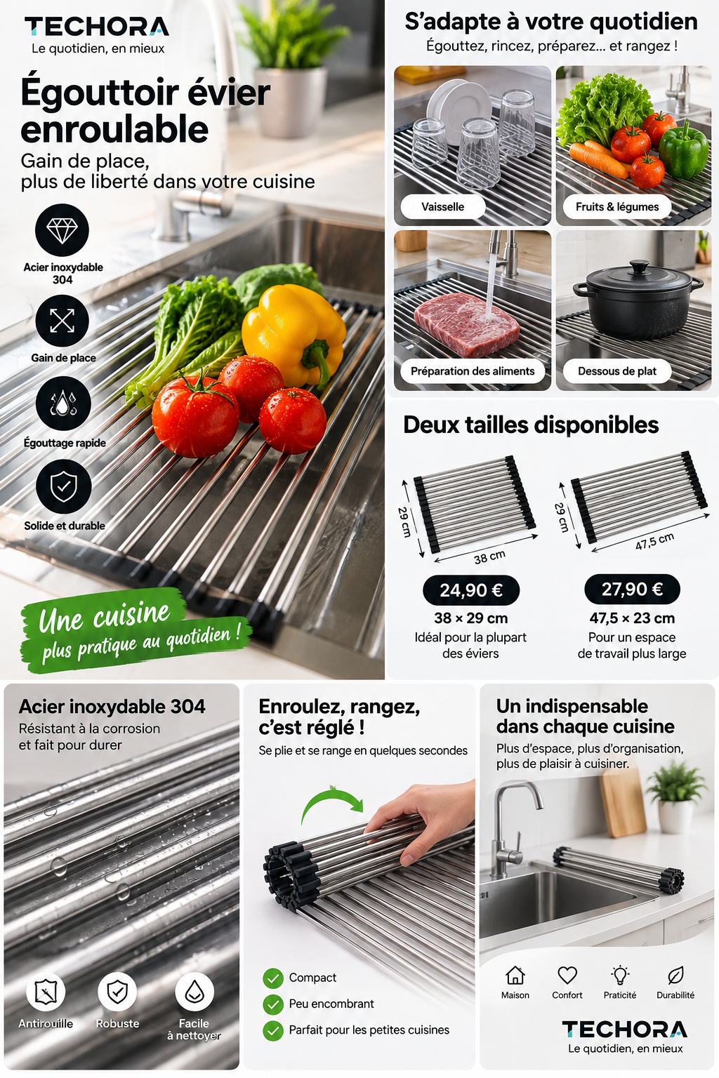 Égouttoir évier enroulable inox 304 TECHORA