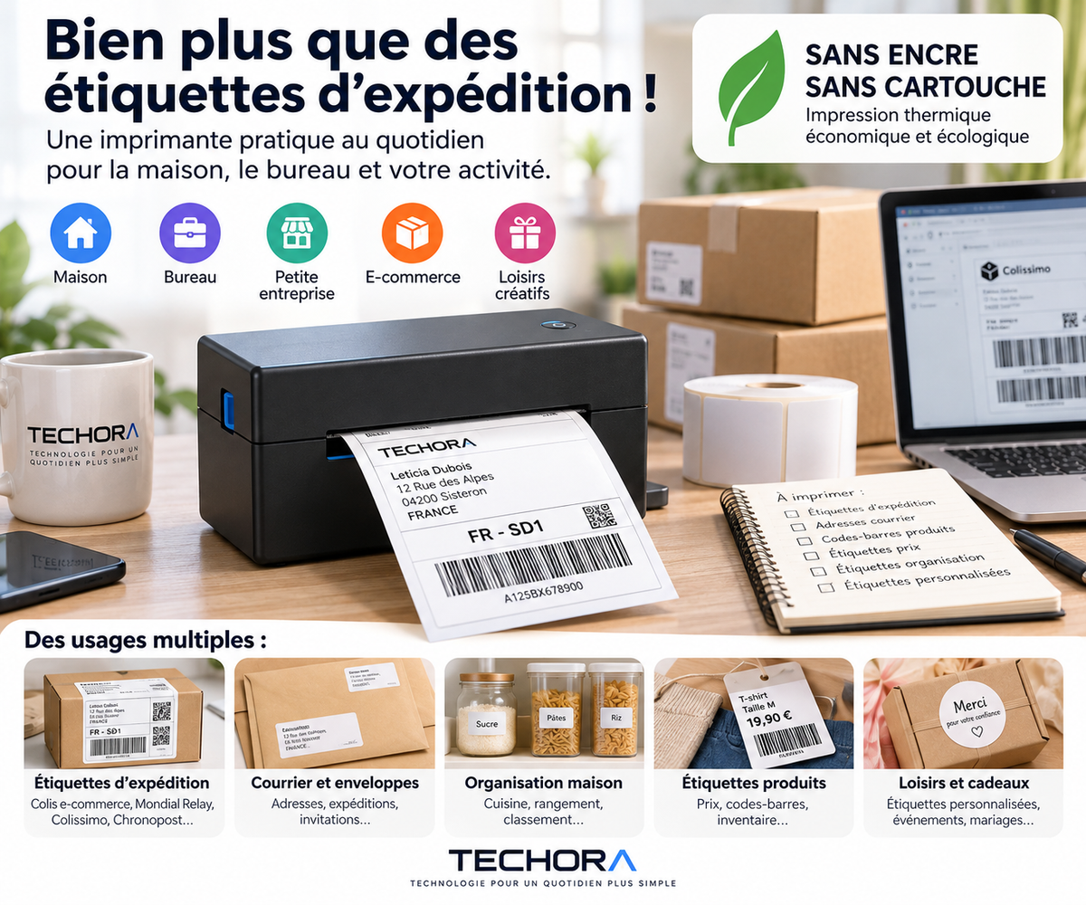 Imprimante thermique TECHORA pour étiquettes d’expédition et usages du quotidien, sans encre